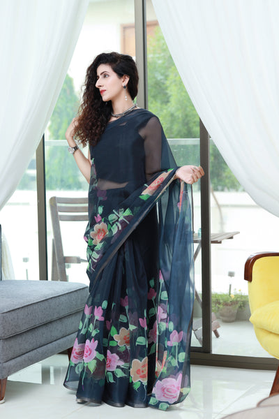 Floral Black Organza Saree