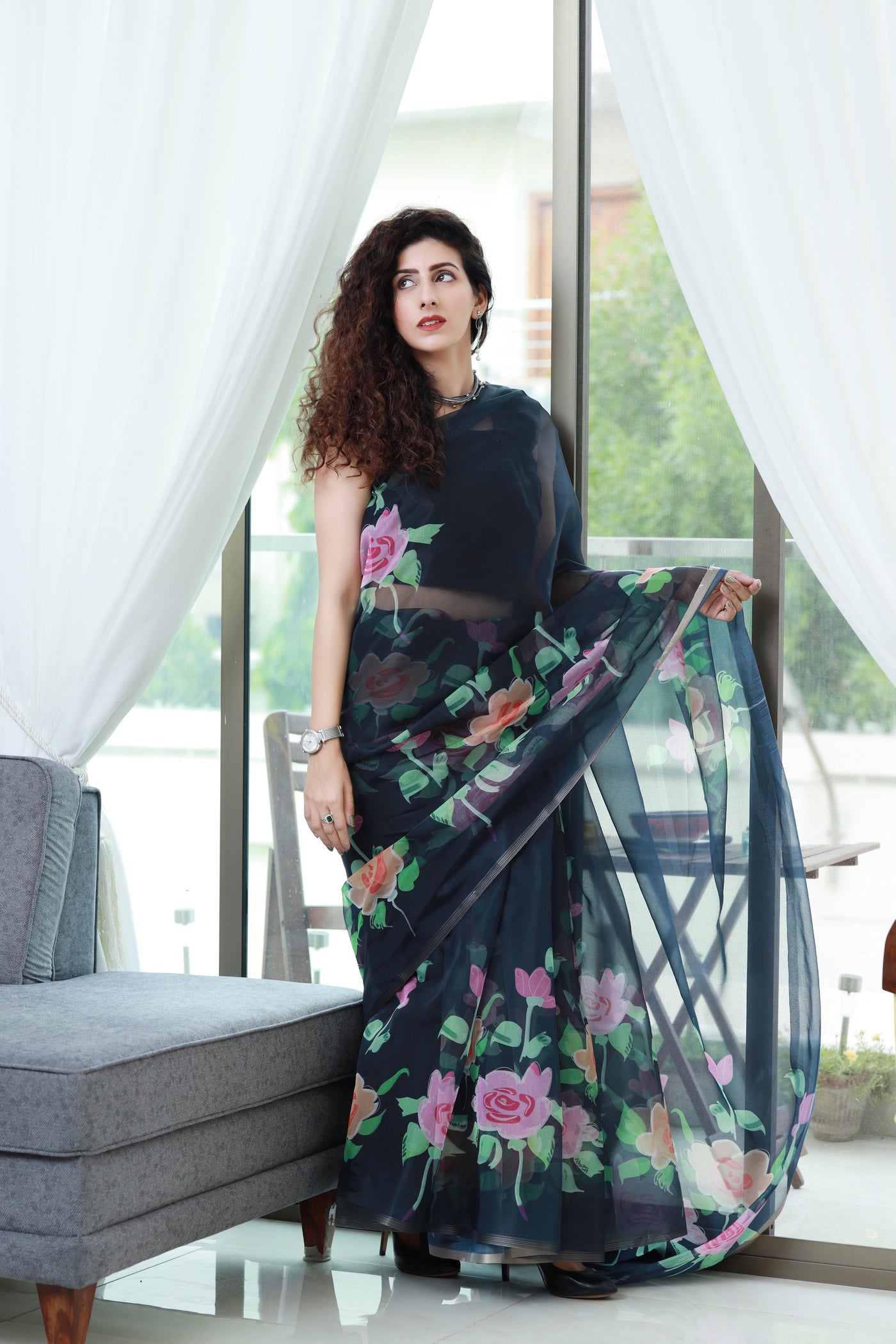 Floral Black Organza Saree