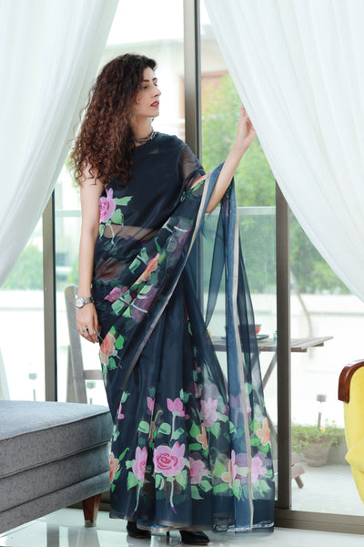 Floral Black Organza Saree