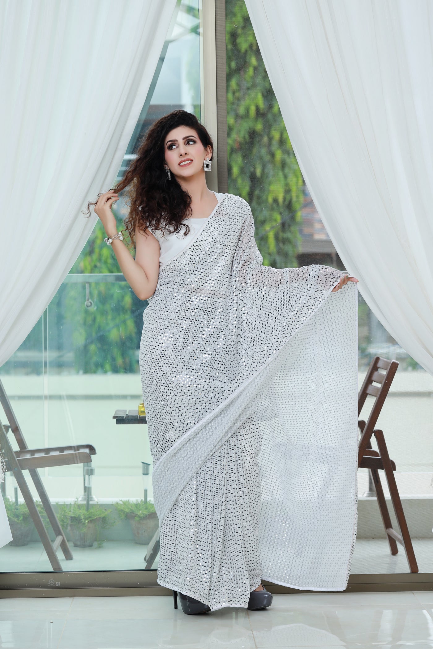 Black & White Sequenced Georgette Saree