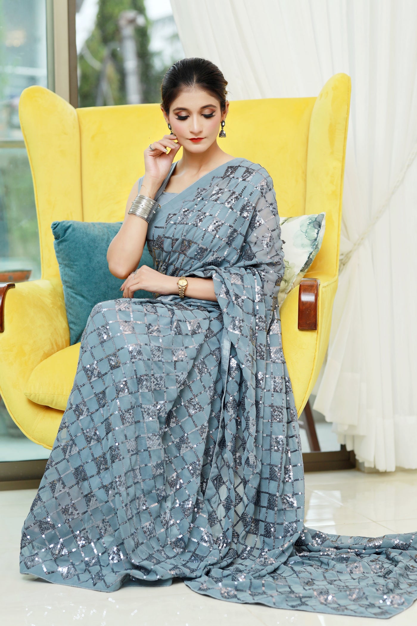 Coin Grey Sequenced Georgette Saree
