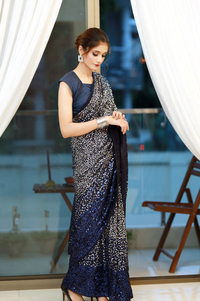 Royal Blue Shaded Sequenced Georgette Saree