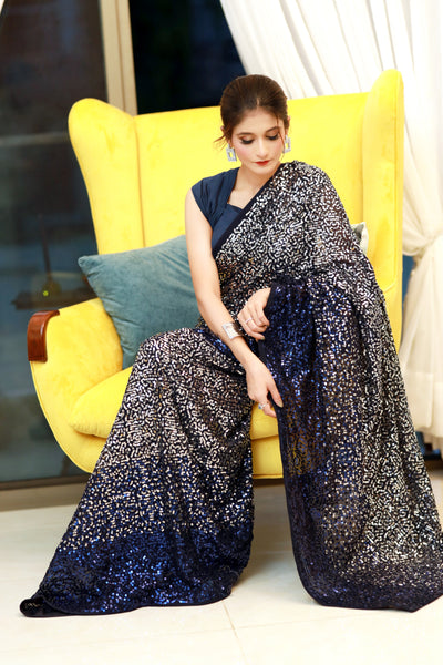 Royal Blue Shaded Sequenced Georgette Saree