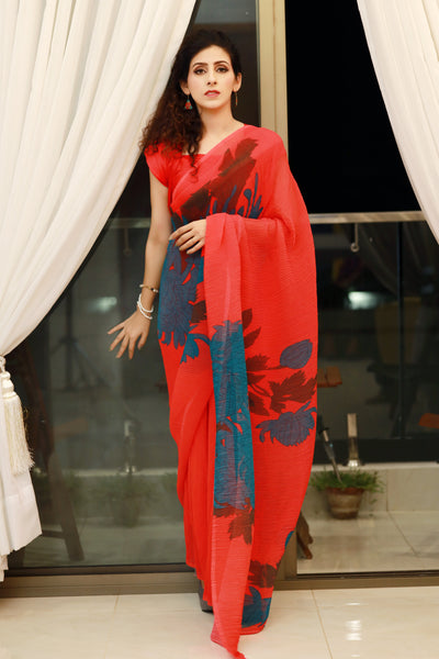 Candy Red Crush Georgette Saree