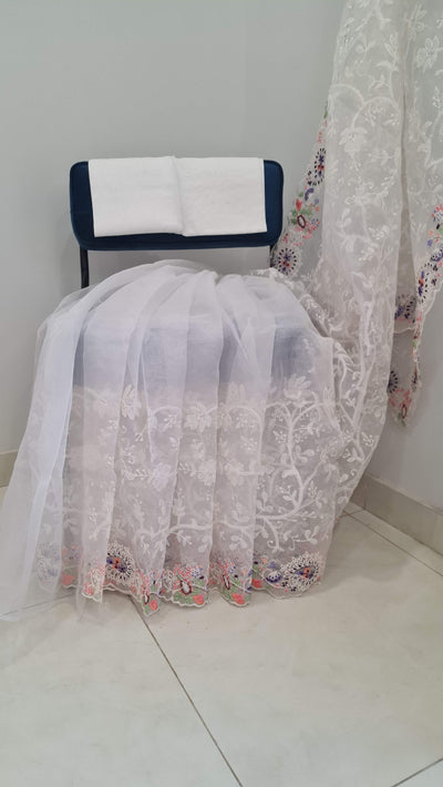 White Lucknowi Organza Saree