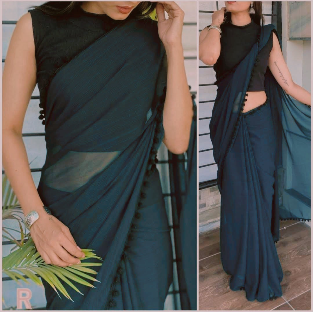 Dark Teal Blue Solid Georgette Saree