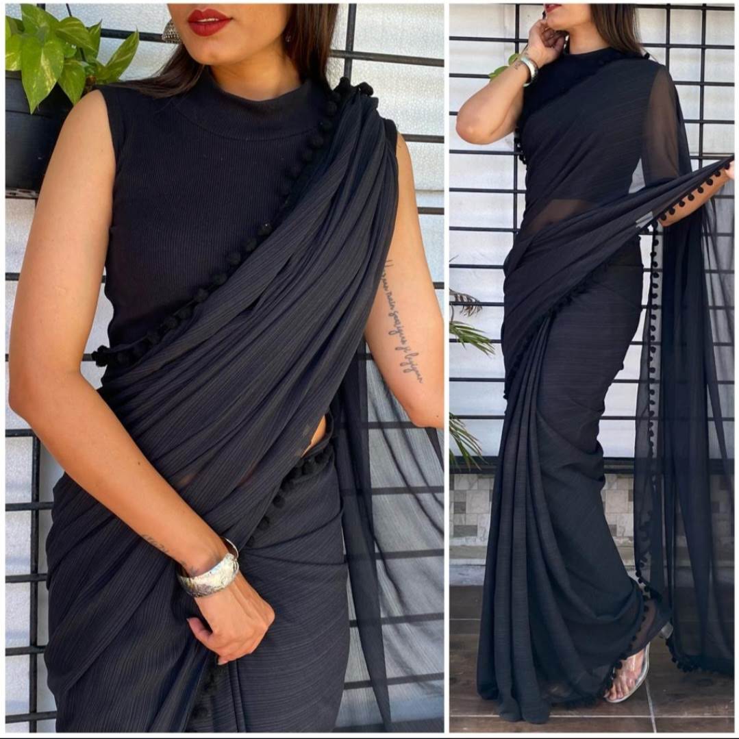 Ink Black Solid Georgette Saree