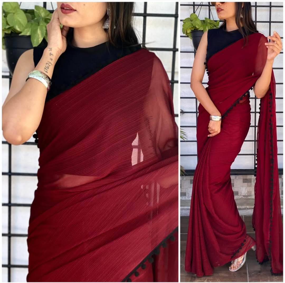 Blood Red Solid Georgette Saree