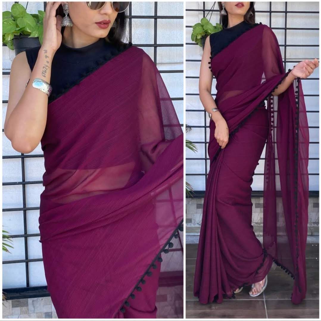 Mulberry Purple Solid Georgette Saree