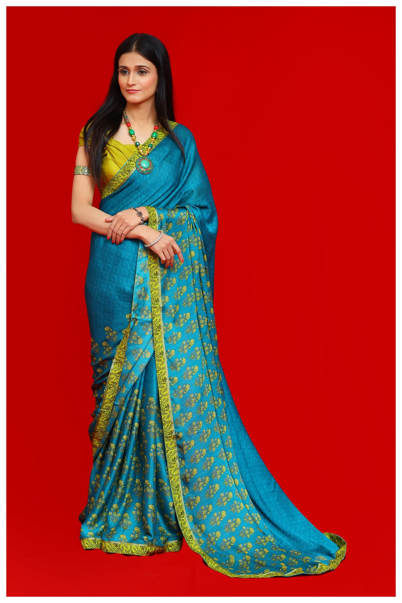 Teal Green Georgette Silk Saree