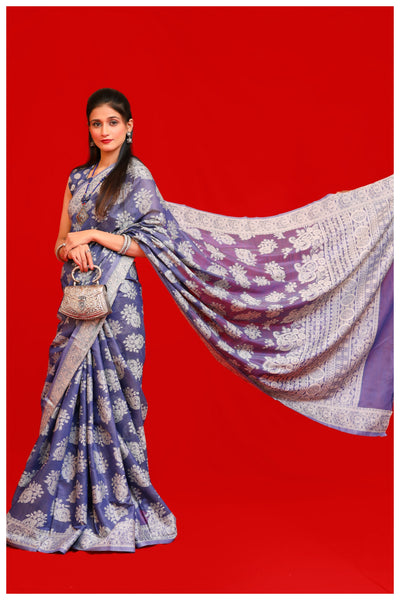 Lead Grey Banarasi Cotton Chikankari Weaving Sarees