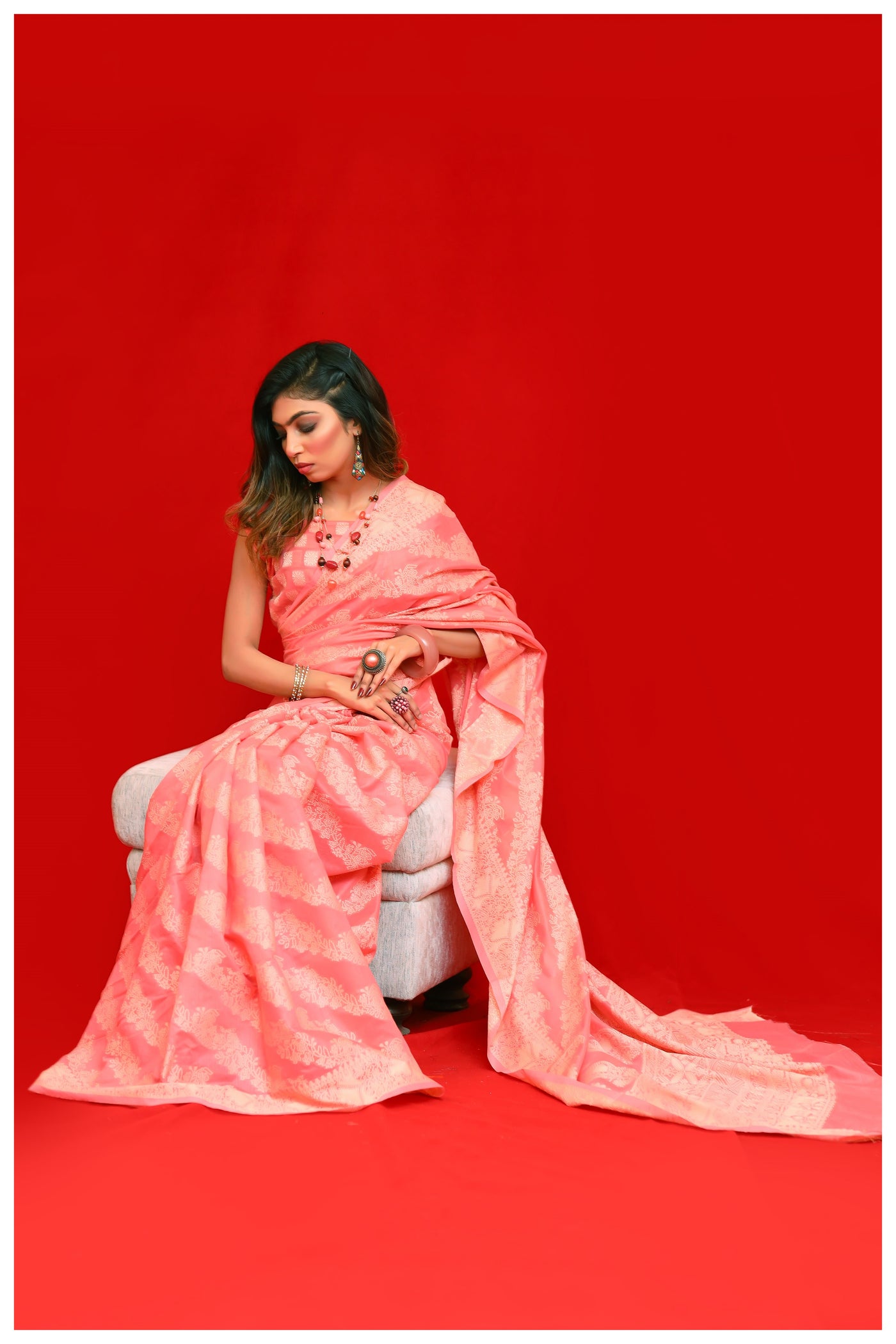 Rouge Pink Banarasi Cotton Chikankari Weaving Saree