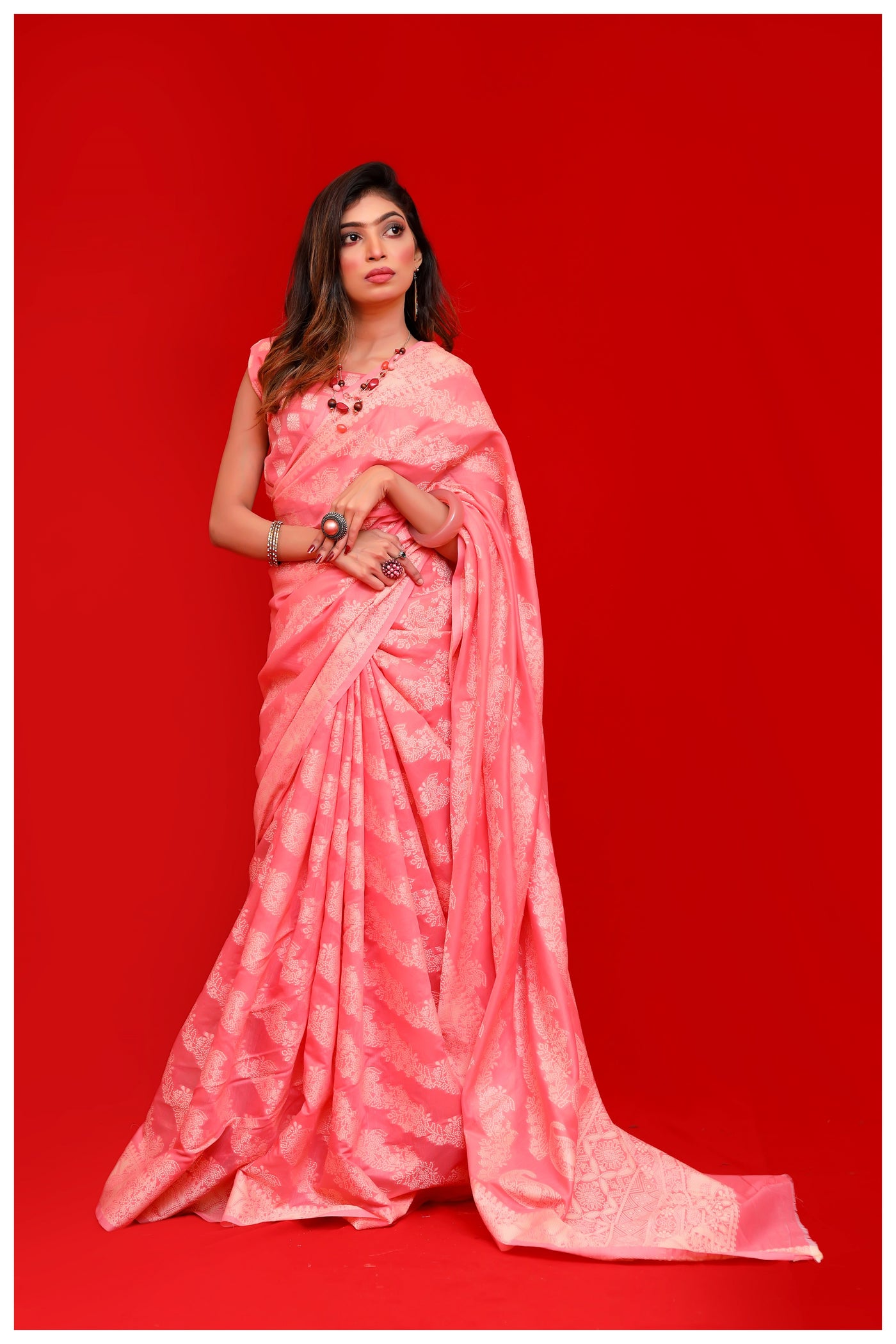 Rouge Pink Banarasi Cotton Chikankari Weaving Saree