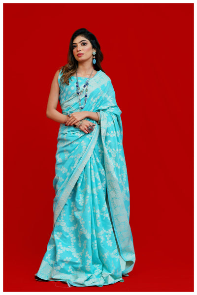 Saphire Blue Banarasi Cotton Chikankari Weaving Saree