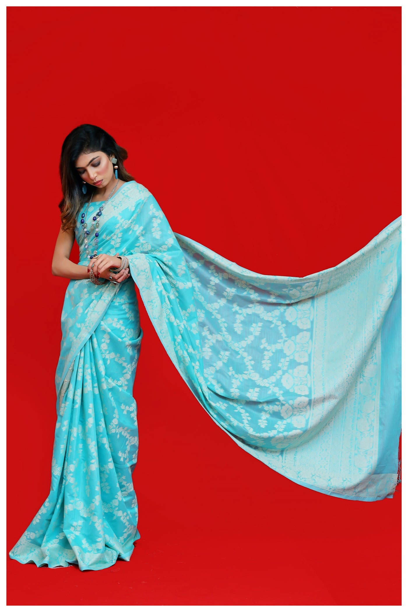 Saphire Blue Banarasi Cotton Chikankari Weaving Saree