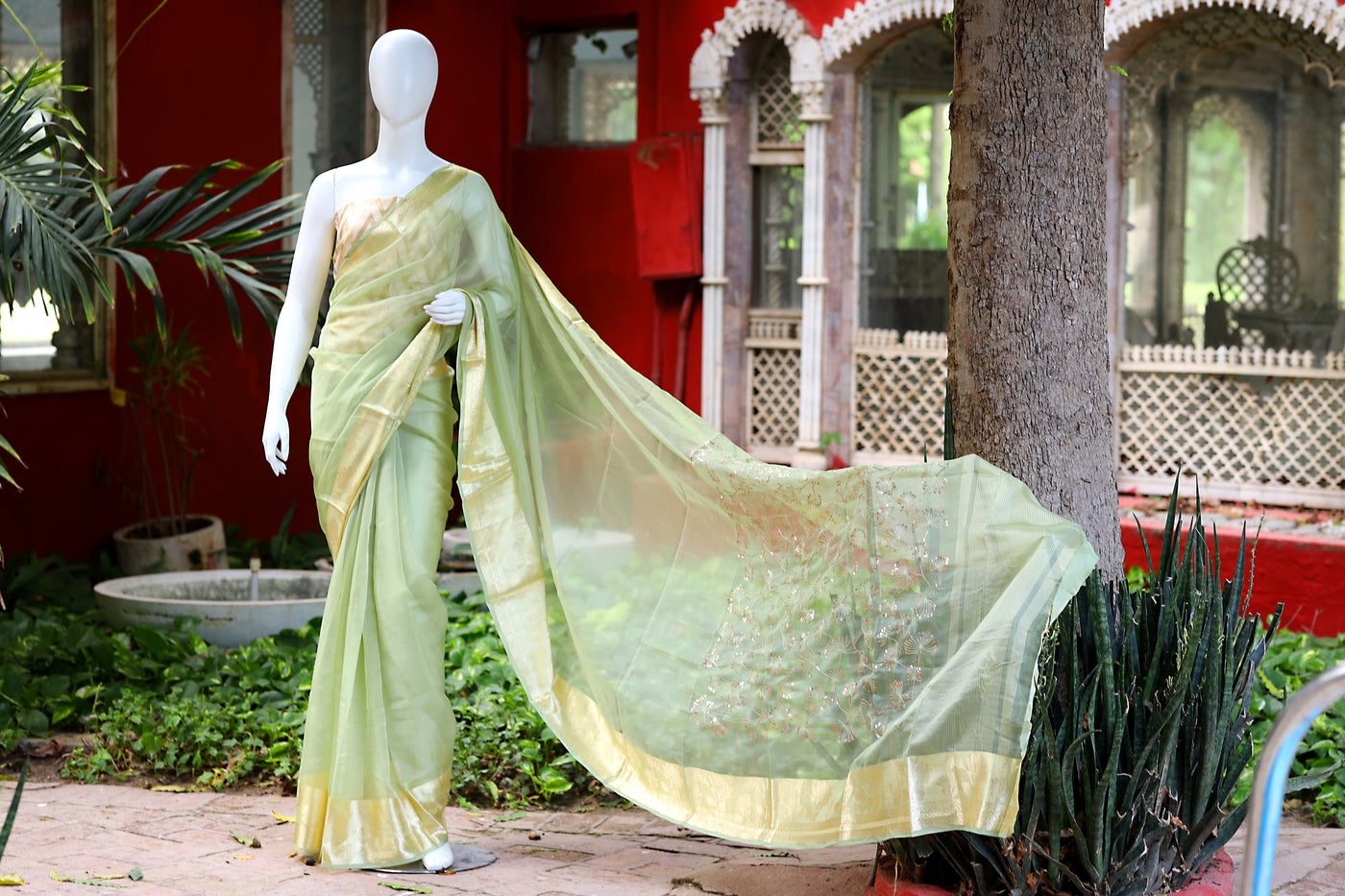 Tea Green Organza Silk Saree