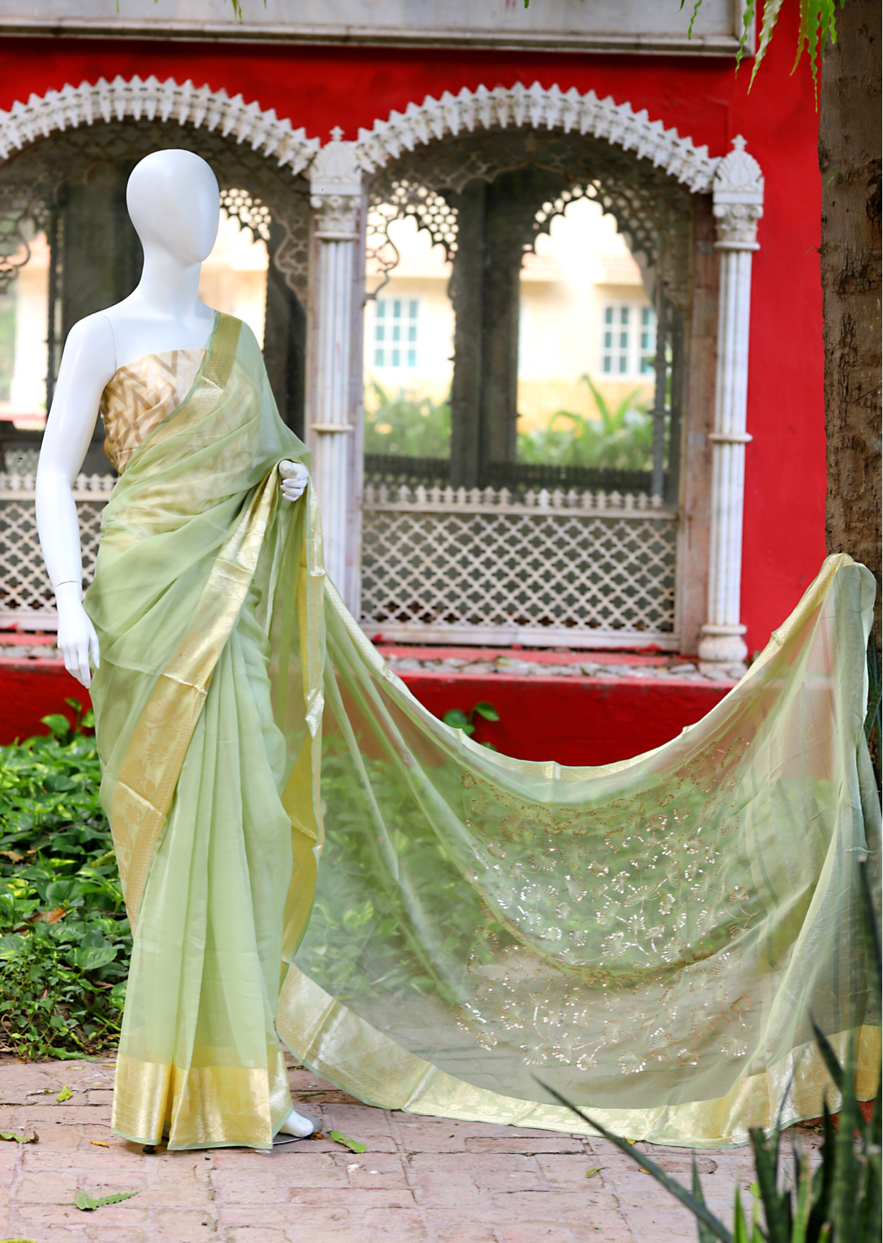 Tea Green Organza Silk Saree