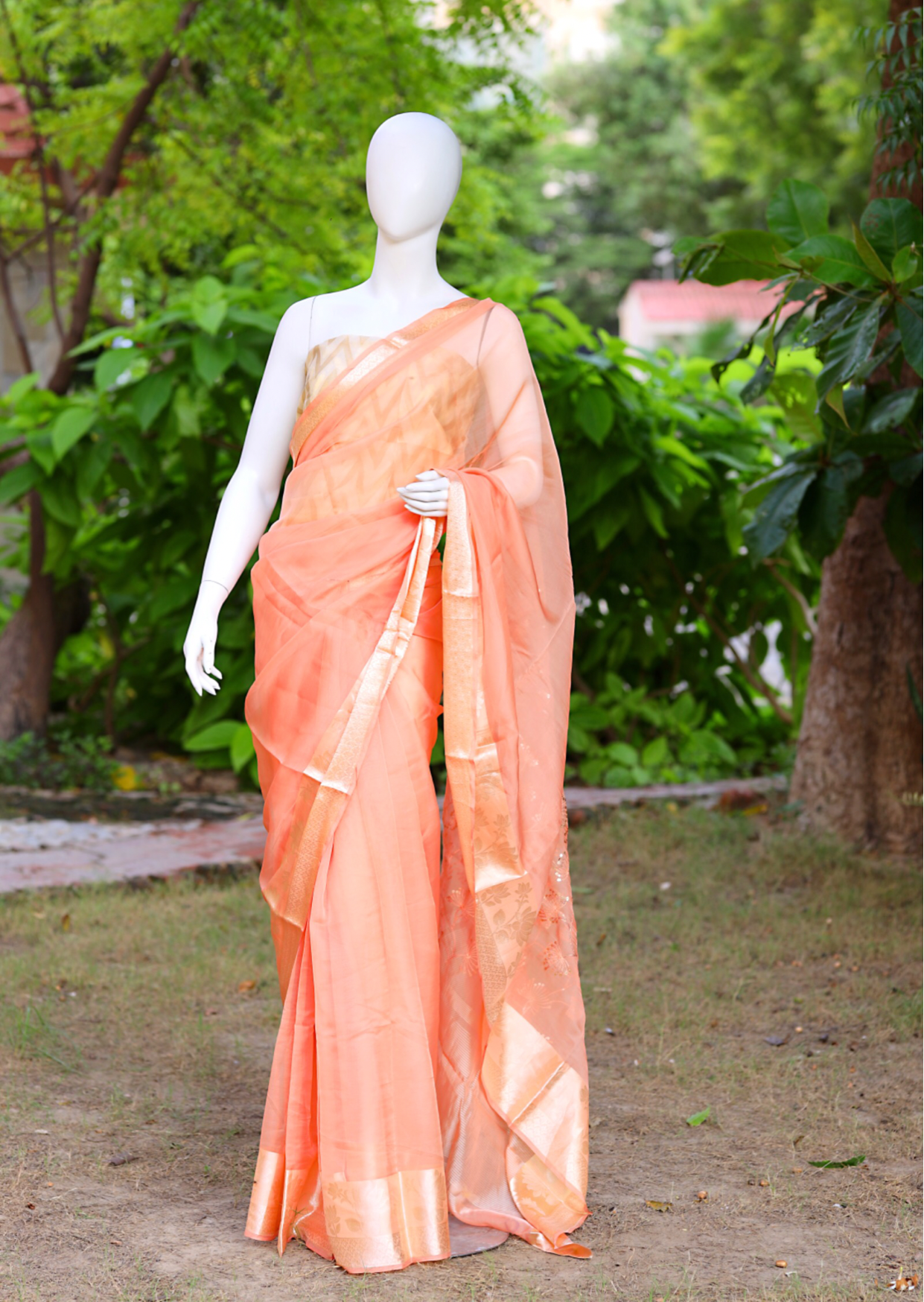 Coral Orange Organza Silk Saree