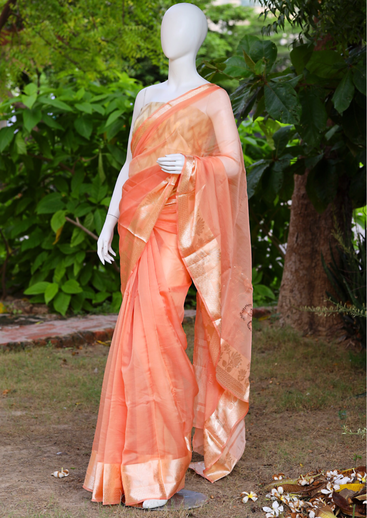 Coral Orange Organza Silk Saree