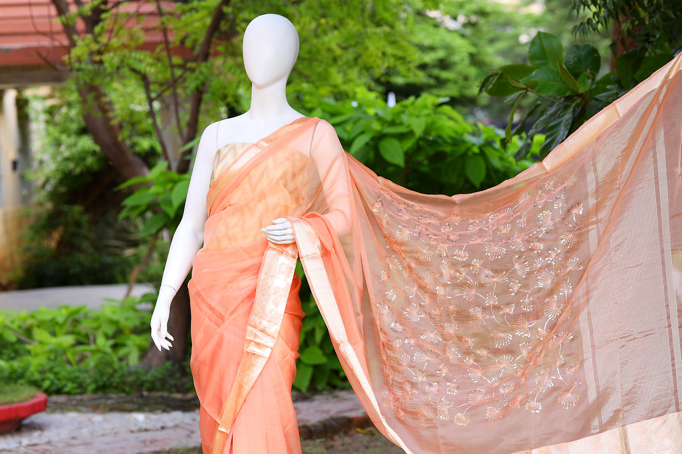 Coral Orange Organza Silk Saree