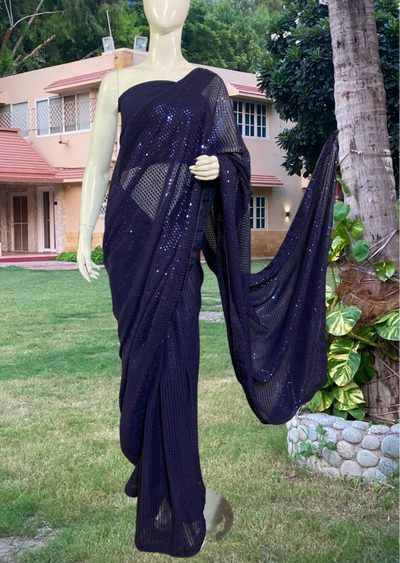 Navy Blue Sequenced Georgette Saree