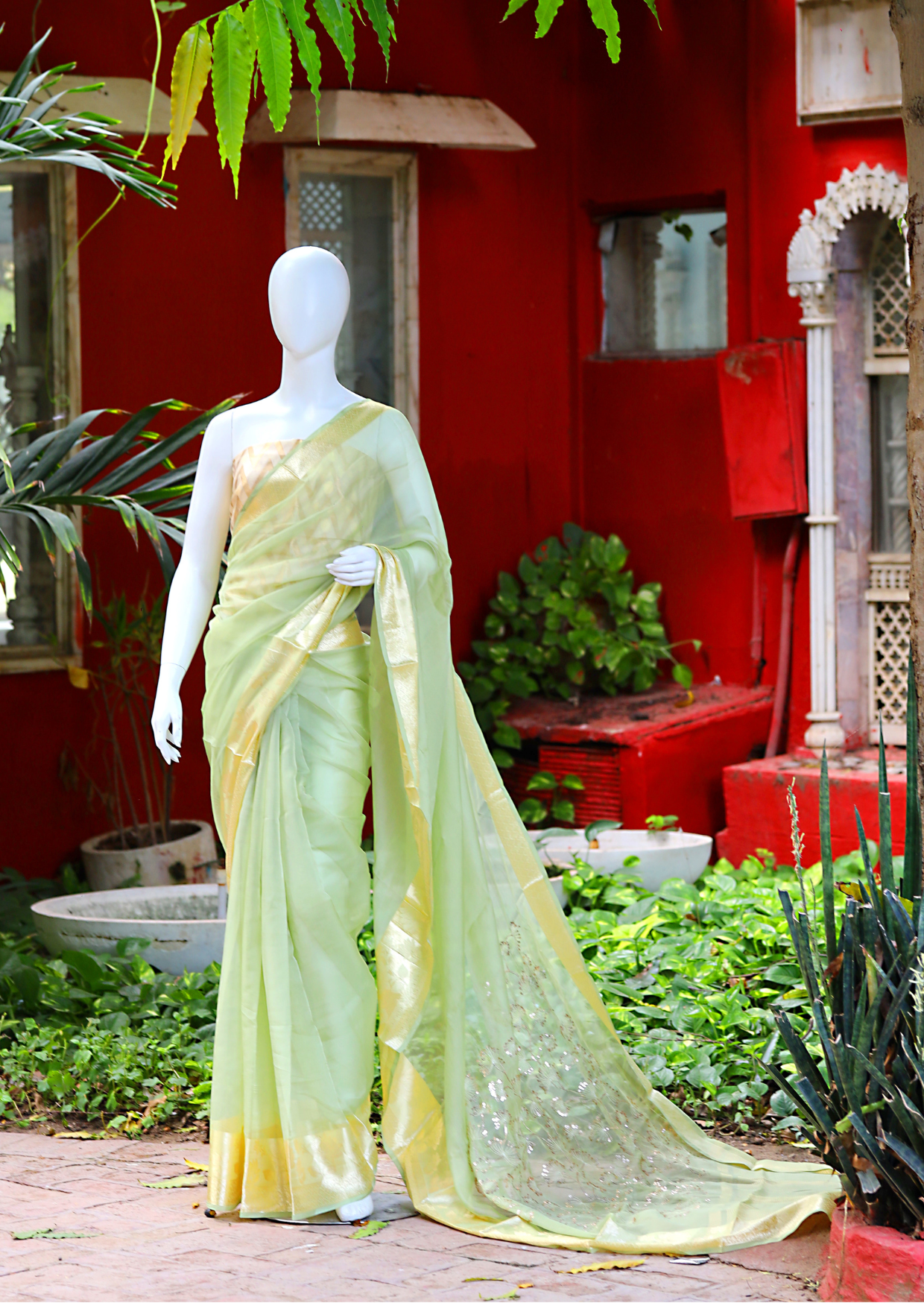 Tea Green Organza Silk Saree